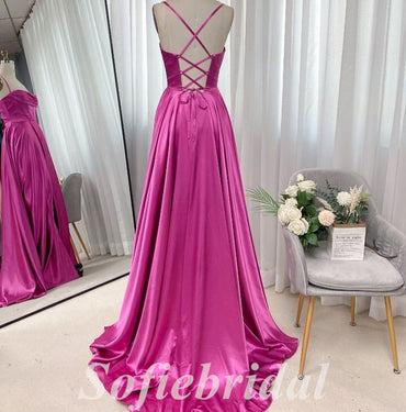 Sexy Satin Spaghetti Straps Criss Cross Lace Up A-line Long Prom Dresses,SFPD0647