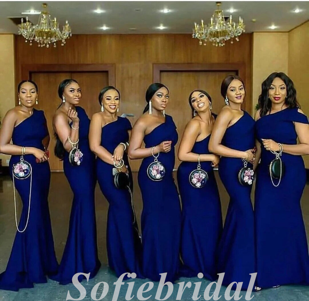Sexy Royal Blue Soft Satin One Shoulder Mermaid Floor Length Bridesmaid Dressses,SFWG00491