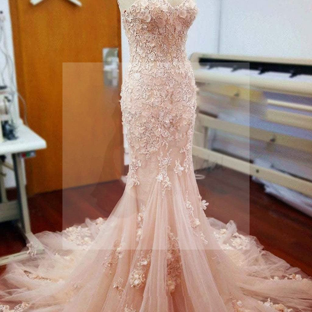 Pink Lace Sweetheart Sexy Mermaid Wedding Party Dresses With Appliques, WD0033