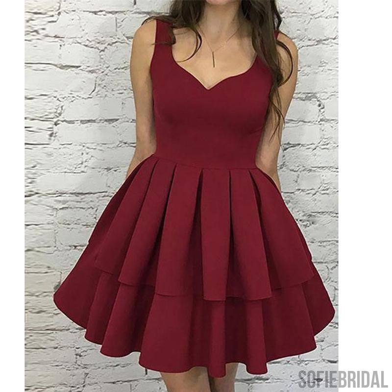 Simple Dark Red V Neck Cheap Homecoming Dresses 2018, CM470