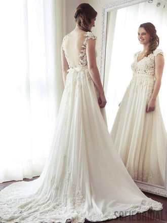 Cap Sleeve V Neck Lace Simple Cheap Beach Wedding Dresses, WD321