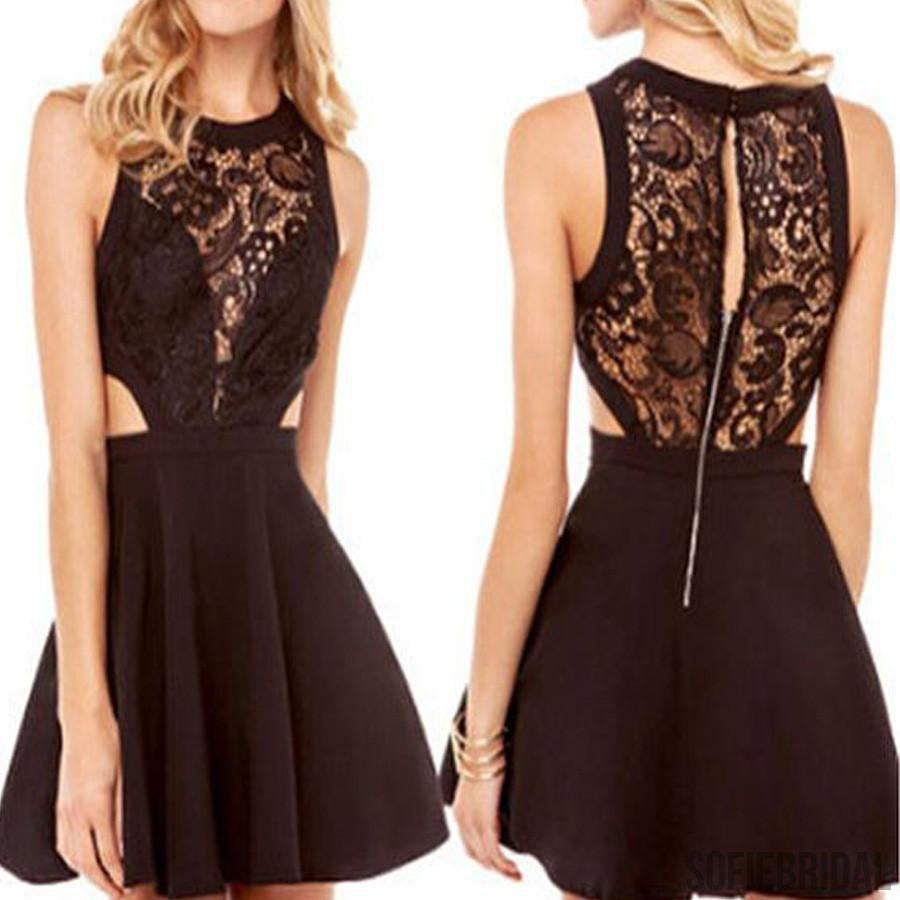 Black lace sleeveless sexy little black dresses homecoming prom dresses, SF0045