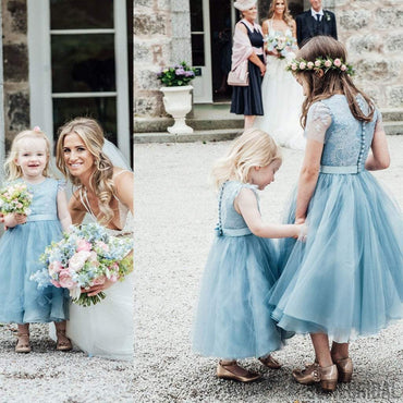 Blue Lace Top Tulle Flower Girl Dresses, Popular Cheap Junior Bridesmaid Dresses, FG045
