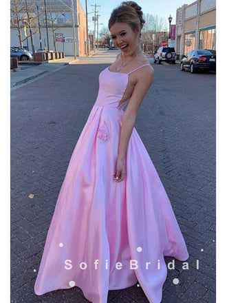 A-Line Spaghetti Straps Pink Cheap Floor Length Prom Dresses Online,SFPD0034