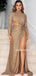 Elegant High Neck Side Slit Long Sleeve Gold Sequin Prom Dresses,SFPD0155