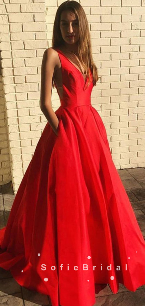 Simple A-Line V-Neck Sleeveless Red Long Prom Dresses With Pockets,SFPD0036