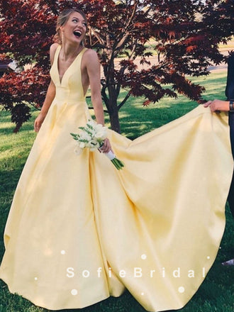 Simple A-Line V-Neck Sleeveless Red Long Prom Dresses With Pockets,SFPD0036