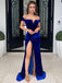 Gorgeous Off-shoulder Side Slit Velvet Royal Blue Simple Prom Dresses,SFPD0157