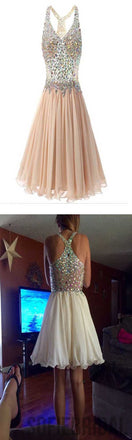 Popular Rhinestone Beaded Beige Chiffon Homecoming Dresses, SF0060