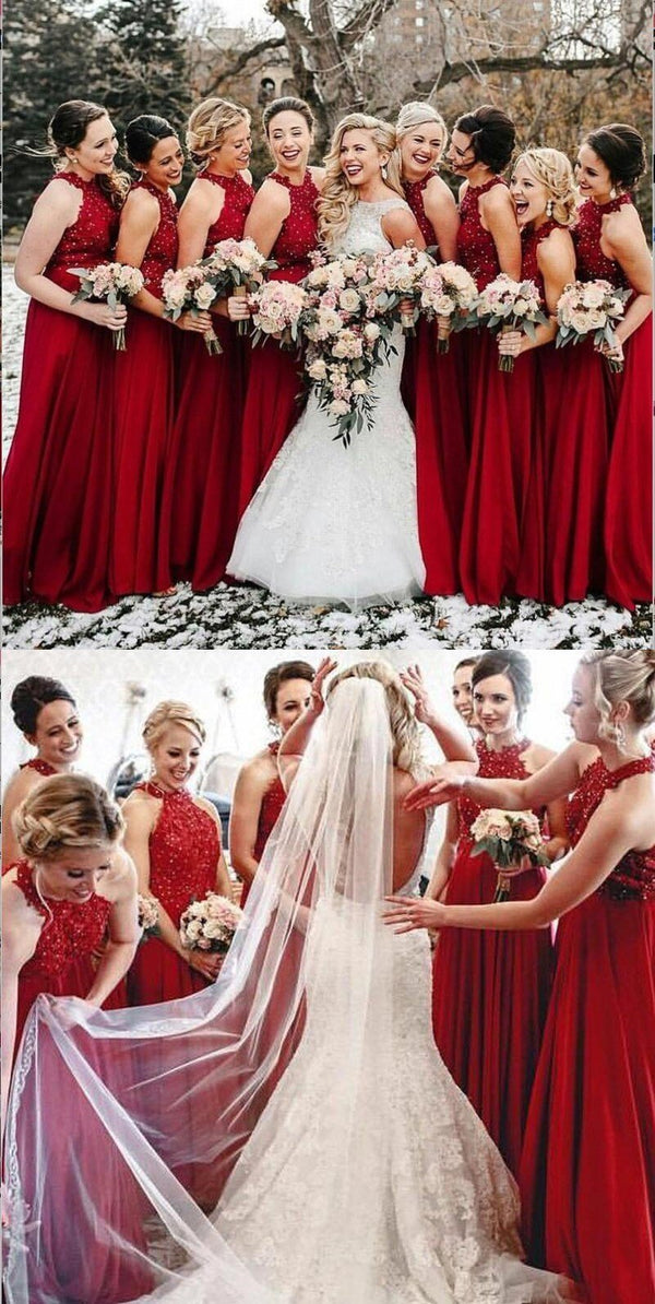 A-Line Halter Red Chiffon Long Bridesmaid Dresses With Lace,BD2025 SofieBridal A-Line Halter Red Chiffon Long Bridesmaid Dresses With Lace,BD2025 SofieBridal