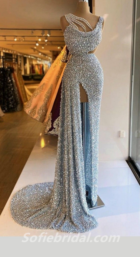 Sexy Sequin Spaghetti Straps Sleeveless Mermaid Long Prom Dresses With Split,SFPD0272