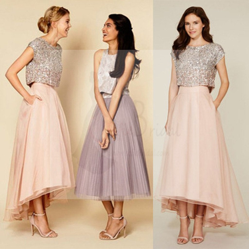Pretty Two Pieces Cap Sleeve Sequin Top Organza Long Bridesmaid Dresses Cheap Prom Dresses, WG38