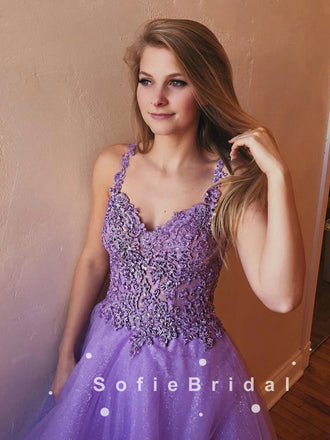 A-Line Sweetheart Straps Tulle Long Prom Dresses With Lace,SFPD0038