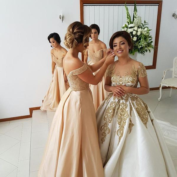Off Shoulder Beaded Long A-line Satin Wedding Guest Dress, Bridesmaid Dresses, WG35