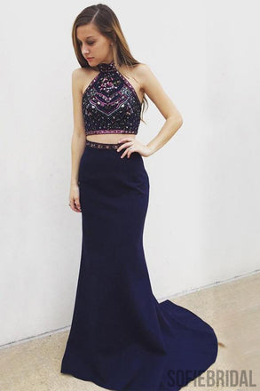 2 pieces Navy Jersey Mermaid Rhinestone Beaded Popular Long Prom Dresses, PD0350