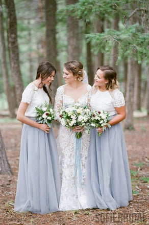 Short Sleeve White Top Light Grey Tulle Skirt Popular Bridesmaid Dresses, PD0300