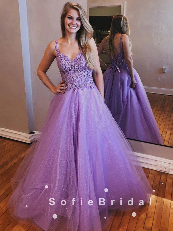 A-Line Sweetheart Straps Tulle Long Prom Dresses With Lace,SFPD0038
