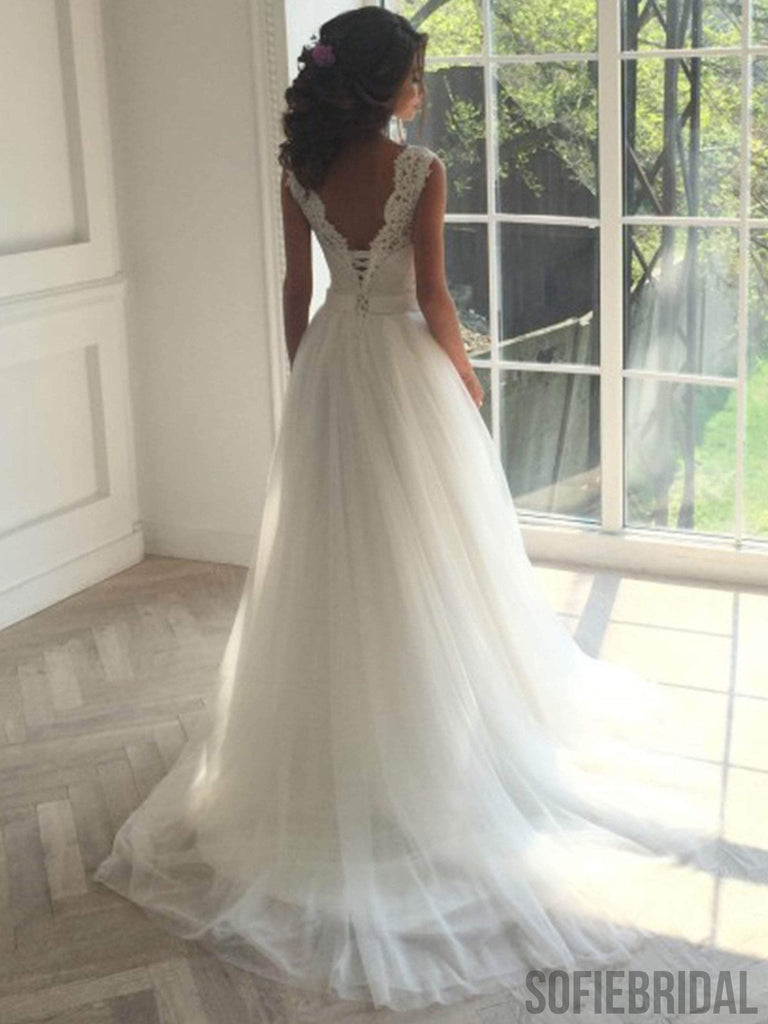Unique Scoop Lace A-line Long Cheap Wedding Dresses Online, WD357