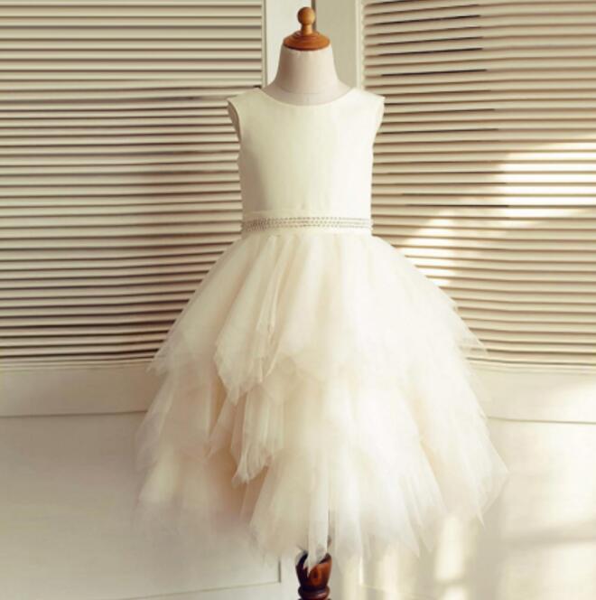 Ivory Satin Top Beaded Belt Tulle Flower Girl Dresses, Pixie Tutu Dresses, Little Girl Dresses, FG074