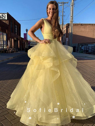 Newest A-Line V-Neck Sleeveless Yellow Tulle Long Prom Dresses,SFPD0039
