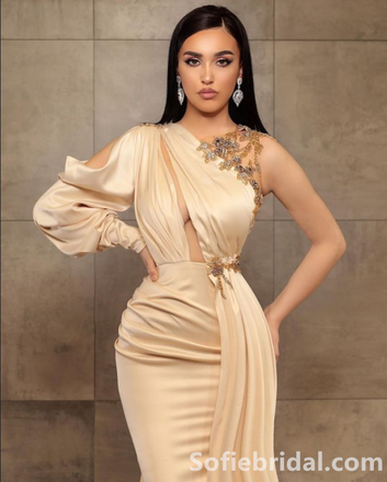 Sexy One-Shoulder Charmeuse Mermaid Prom Dress with Beadings,SFPD0206