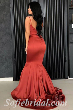 Sexy Rust Satin Spaghetti Straps Sleeveless Mermaid Long Prom Dresses,SFPD0503