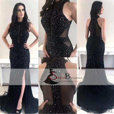 High Neck Black Rhinestone Beaded Long Mermaid Prom Dresses, Sparkle Prom Dresses, PD0410