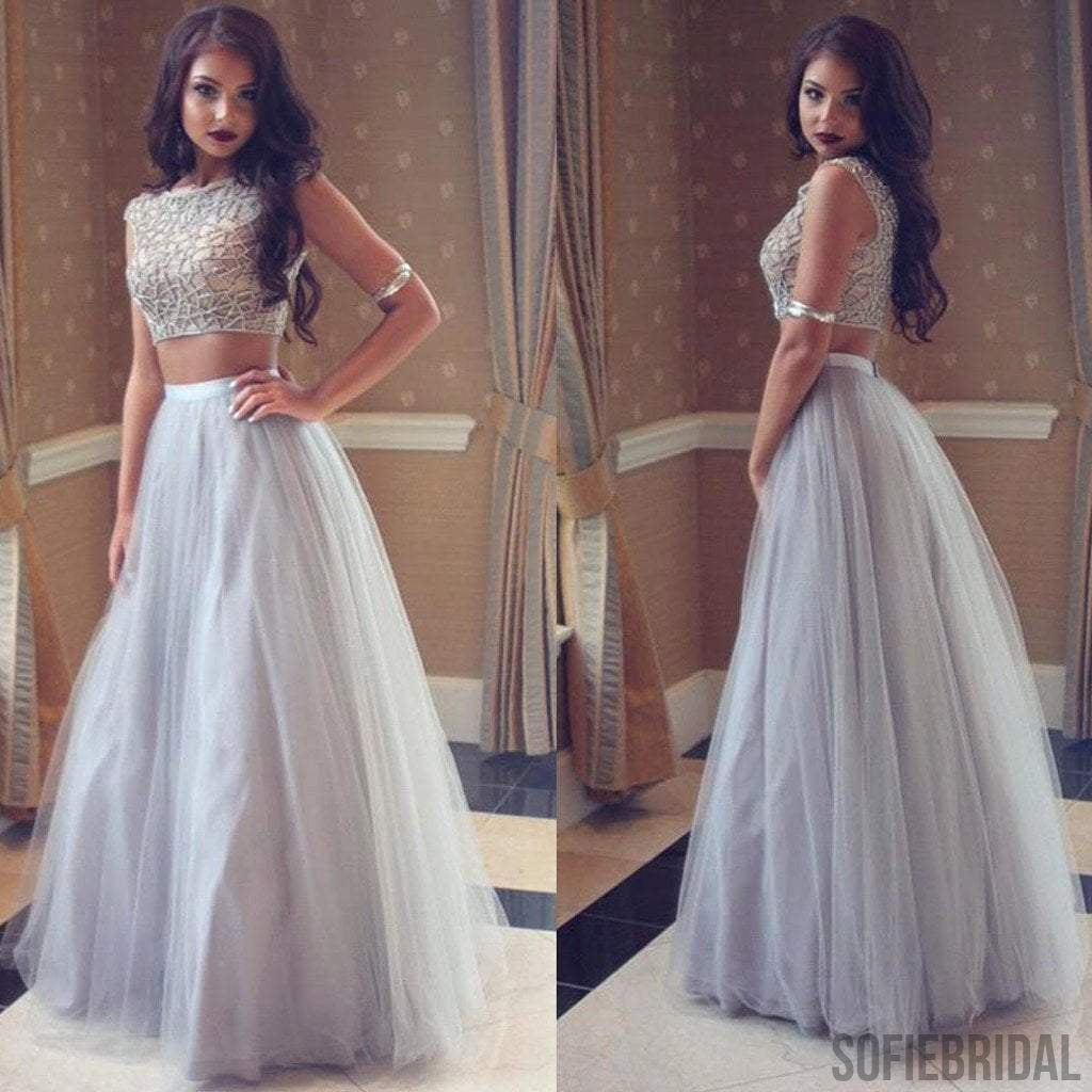 Silver Beaded Two Pieces Long A-line Tulle Prom Dresses, Long Prom Dresses For Prom, PD0219
