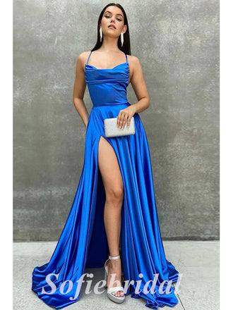 Sexy Satin Spaaghetti Straps sleeveless Lace Up Back Side Slit A-Line Long Prom Dresses, PD0827