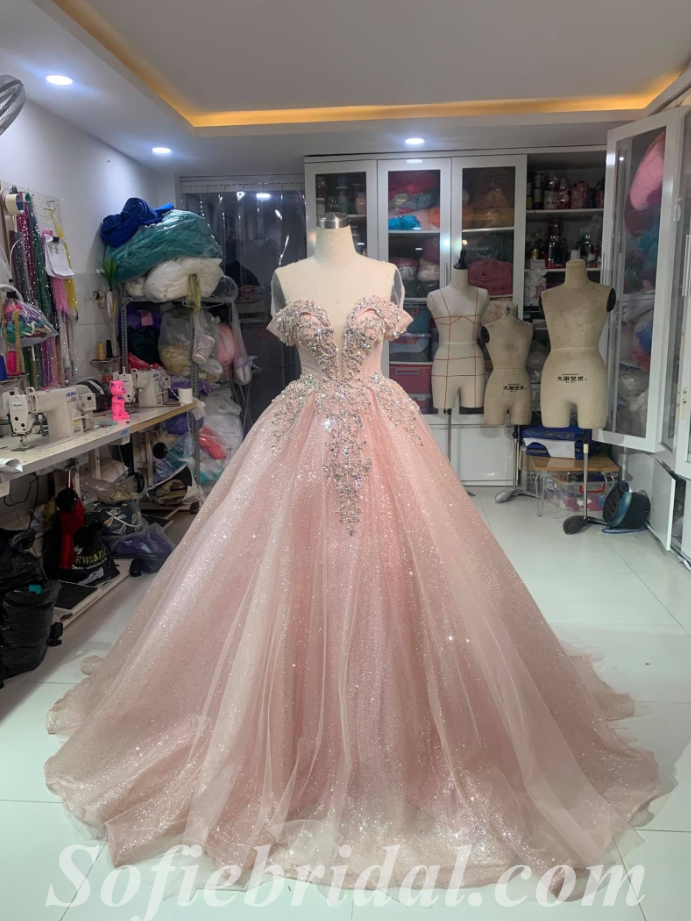 Elegant Tulle Off Shoulder V-Neck Sleeveless A-Line Long Prom Dresses/Ball Gown With Beading,SFPD0579
