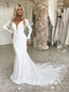 Mermaid Deep V-Neck Long Sleeves Cheap Wedding Dresses With Lace,SFWD0003