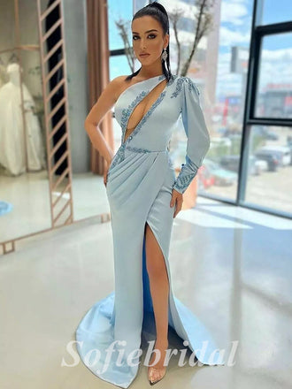Sexy Blue Satin One Shoulder Long Sleeve Side Slit Mermaid Long Prom Dresses With Rhinestone,SFPD0701