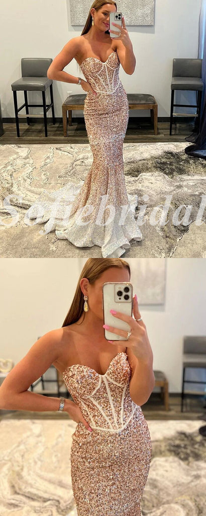 Sexy Gradient Sequin Sweetheart Sleeveless Mermaid Long Prom Dresses,PD0794