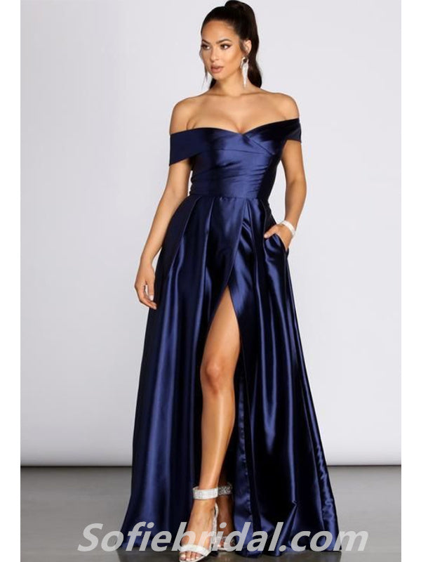 Elegant Satin Off Shoulder A-Line Split Long Prom Dresses With Pockets SofieBridal Elegant Satin Off Shoulder A-Line Split Long Prom Dresses With Pockets SofieBridal