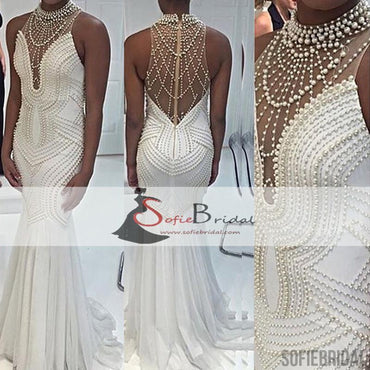 High Neck White Mermaid Prom Dresses, Pearl Prom Dresses, Long Prom Dresses, PD0450