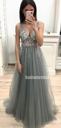 Sexy Deep V-Neck Side Slit New Arrival Silver Sequin Tulle Prom Dresses,PD0002