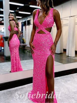 Sexy Sequin Spaghetti Straps V-Neck Sleeveless Side Slit Mermaid Long Prom Dresses,PD0744