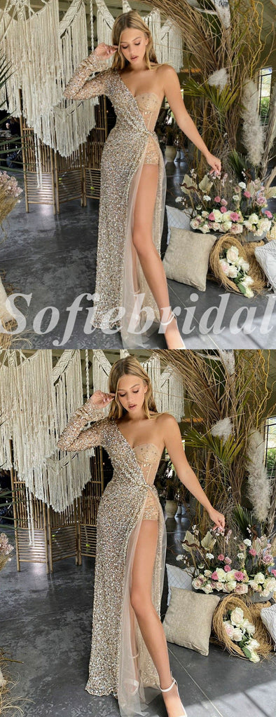 Sexy Shiny Sequin And Tulle One Shoulder Long Sleeve Side Slit Mermaid Long Prom Dresses,SFPD0602