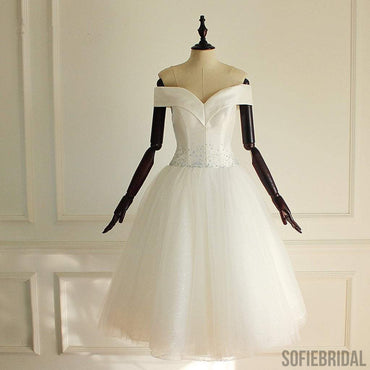 Off Shoulder Satin Tulle Short Wedding Dresses, Elegant Beaded Ivory Wedding Dresses, WD0236