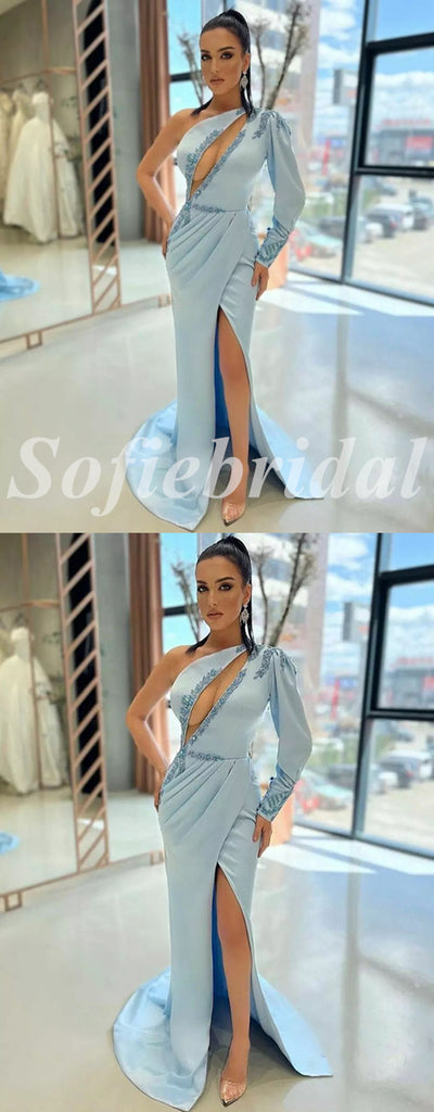Sexy Blue Satin One Shoulder Long Sleeve Side Slit Mermaid Long Prom Dresses With Rhinestone,SFPD0701