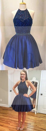 Halter backless Royal Blue Beaded homecoming prom dresses, CM0026