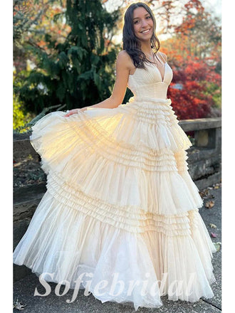 Sexy Tulle Spaghetti Straps V-Neck A-Line Long Prom Dresses, PD0847