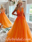 Elegant Orange Tulle Spaghetti Straps V-Neck A-Line Long Prom Dresses With Applique,SFPD0472