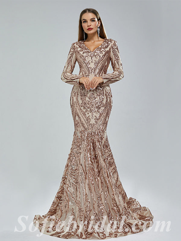 Elegant Special Fabric Long Sleeve V-Neck Mermaid Long Prom Dresses,SFPD0340