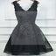 Black V-neck Lace Beaded A-line Short Homecoming Dress, Little Black Dress, SF0028