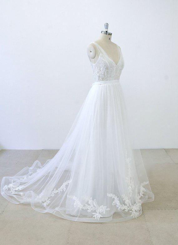 Simple V Neck Lace Chapel Tail A-line White Wedding Dresses Online, WD372