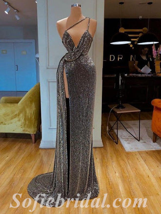 Sexy Sequin One Shoulder V-Neck Sleeveless Side Slit Mermaid Long Prom Dresses ,SFPD0498