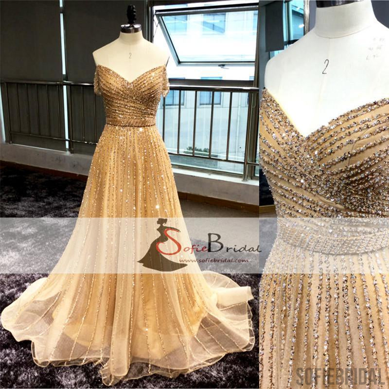Off Shoulder Rhinestone Beaded A-line Prom Dresses, Sparkle Evening Dresses, PD0401