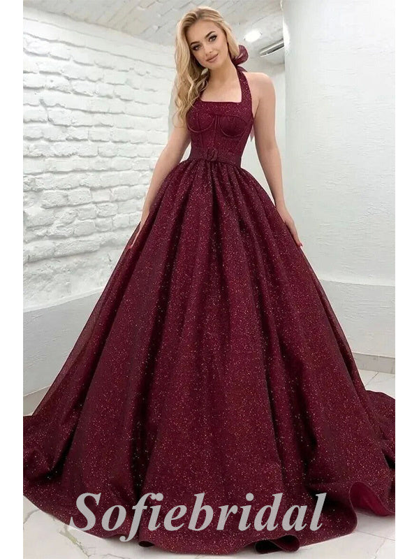 Elegant Sequin Tulle Halter Sleeveless A-Line Long Prom Dresses/ Ball Gown,SFPD0624