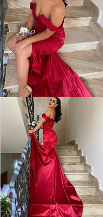 Lovely Off-shoulder Mermaid Side Slit Red Cheap Prom Dresses, PD0637
